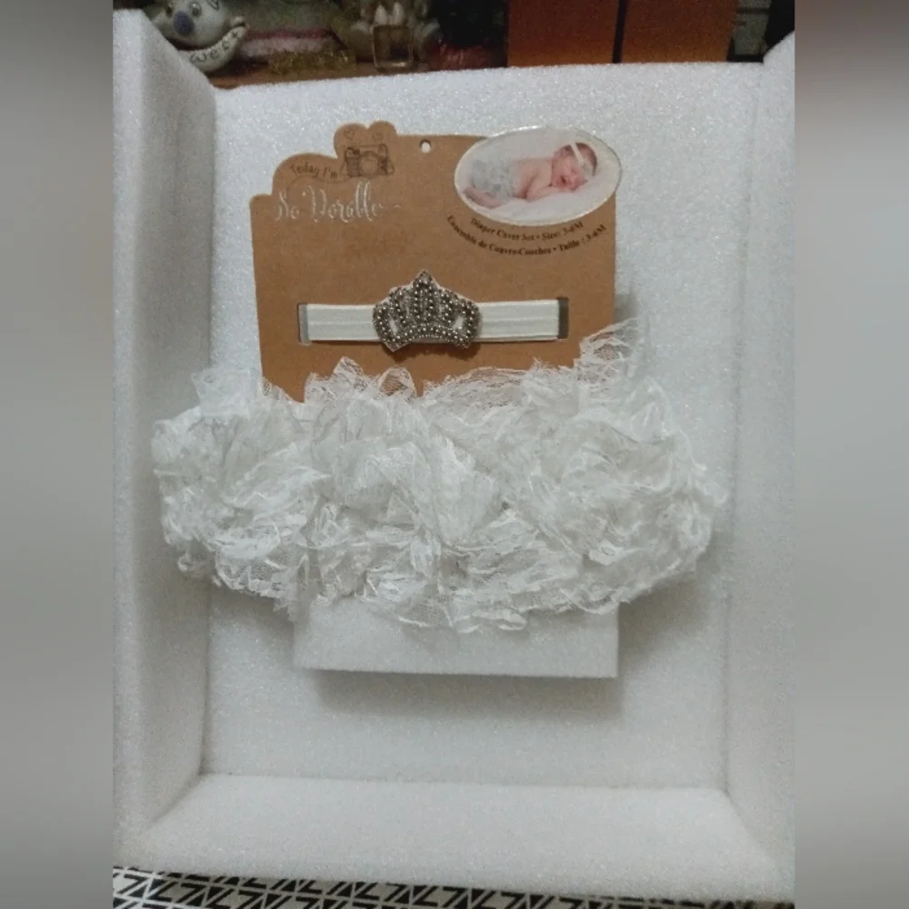 Two Piece White Lace Diaper Cover Set - 3-6M